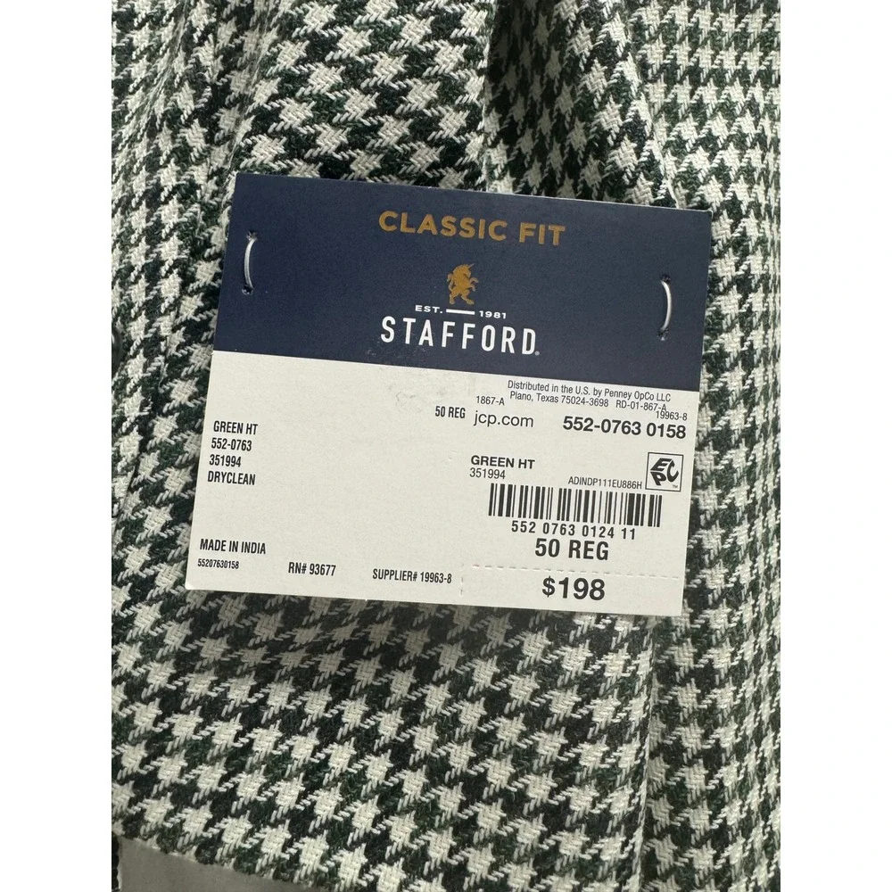 Stafford Mens 50R Sport Coat Blazer Green Houndstooth Wool Blend Classic Fit New